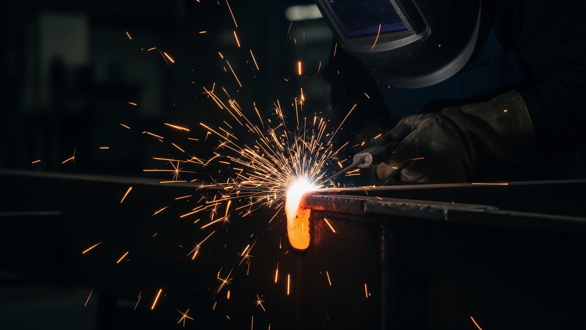Welder fabricating a steel beam with cascading sparks